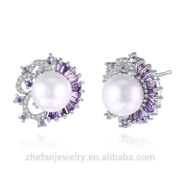 muestra de joyería de mercado último diseño de zircon blanco con incrustaciones de plata pendiente de perlas de agua dulce